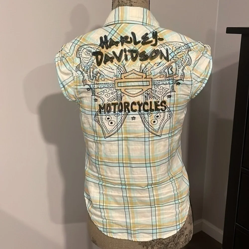 Harley Davidson capped sleeve white/blue/orange plaid embroidered logo top XS - Picture 5 of 13
